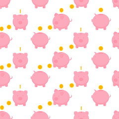 This is a seamless pattern with piggy and money on a white background.