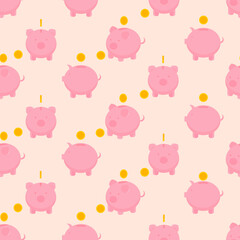 This is a seamless pattern with piggy and money on a light background.