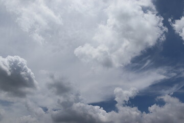 Blue sky and white clouds background closeup. Nature create very beautifully.