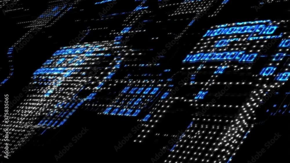 Poster 3d futuristic data background - varying binary code in blue color mapped onto a surface moving in wa