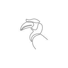 Single continuous line drawing of beauty great hornbill head for company logo identity. Big beak bird mascot concept for national zoo icon. Modern one line draw design vector graphic illustration © Simple Line