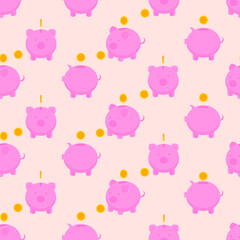 This is a seamless pattern with piggy and money on a light background.