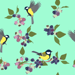 Seamless vector illustration with blueberries and birds