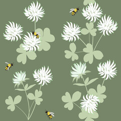 Fototapeta na wymiar Seamless vector illustration with flowers, leaves of clover and bee