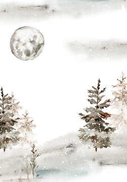 Watercolor christmas card with winter landscape