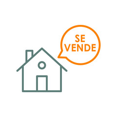 Concepto Real Estate. Venta de inmuebles. Icono plano lineal casa con texto Se Vende en español en burbuja de habla en gris y naranja