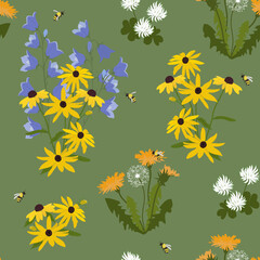 Naklejka na ściany i meble Seamless vector illustration with beautiful wildflowers and bees