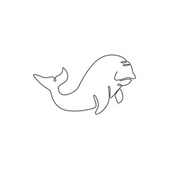 Single one line drawing of funny dugong for nautical logo identity. Sea pig or sea  camel mascot concept for aquatic show icon. Modern continuous line draw design graphic vector illustration