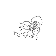 One continuous line drawing of cute jellyfish for company logo identity. Poisonous sea jellies creature mascot concept for aquatic show icon. Modern single line draw design graphic vector illustration