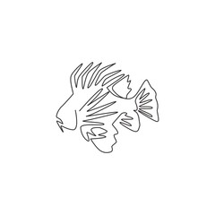 One single line drawing of terrifying lionfish for company logo identity. Underwater fish creature mascot concept for sea world show icon. Modern continuous line draw design vector illustration