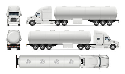Tanker truck vector mockup on white for vehicle branding, corporate identity. View from side, front, back and top. All elements in the groups on separate layers for easy editing and recolor © Yuri Schmidt