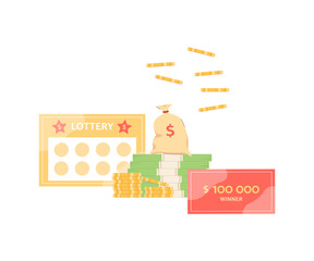 Winning lottery ticket and money prize with cash falling from above