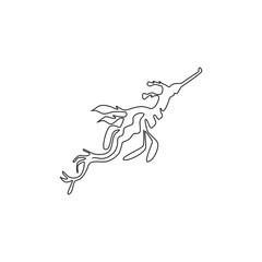 One single line drawing of beautiful leafy seadragon for company logo identity. Sea monster mascot concept for aquarium tank show icon. Modern continuous line graphic draw design vector illustration