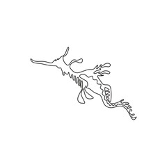 One continuous line drawing of cute leafy seadragon for aquatic logo identity. Camouflage animal mascot concept for sea world show icon. Modern single line draw graphic design vector illustration