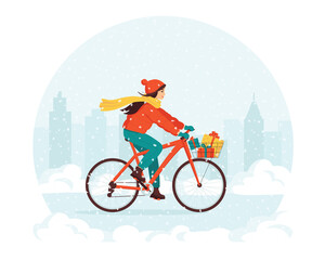 Naklejka na ściany i meble Young happy woman rides a bicycle with gifts in a basket in a snowy city park. Concept for greeting card, invitation, banner, sticker. New Year and Christmas holidays. Isolated vector illustration