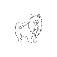 Single one line drawing of cute pomeranian dog for company logo identity. Purebred dog mascot concept for pedigree friendly pet icon. Modern continuous one line draw graphic design vector illustration