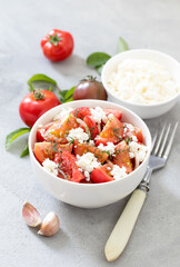 Fresh tomato salad with cottage cheese, onion, dill in a bowl on a light background