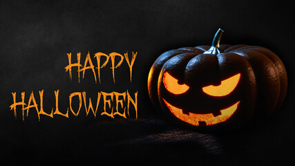 Banner de feliz Halloween. Caligrafía de Halloween. Ilustración con calabaza aterradora. Tarjeta...