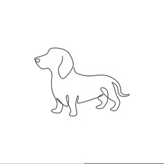 Single continuous line drawing of cute dachshund dog for logo identity. Purebred dog mascot concept for pedigree friendly pet icon. Modern one line draw design graphic vector illustration