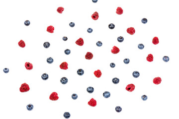 raspberries and blueberries isolated on white background