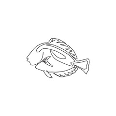 Single continuous line drawing of adorable blue tang fish for marine company logo identity. exotic surgeonfish mascot concept for sea world show icon. Modern one line draw design vector illustration