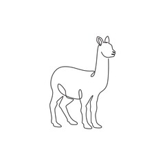 One continuous line drawing of funny alpaca for farm logo identity. Domesticated mammal animal mascot concept for livestock icon. Modern single line draw design vector graphic illustration