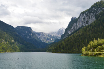 Naklejka na ściany i meble Beautiful view, Austrian alps mountains behind the Gousausee lake, Austria