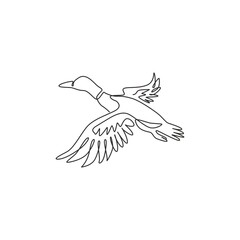 Single one line drawing of adorable flying mallard duck for company logo identity. Beauty duck mascot concept for animal husbandry icon. Modern continuous line draw design graphic vector illustration