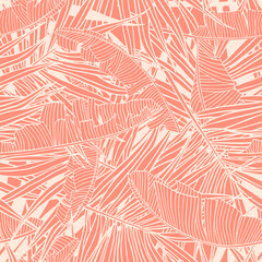 Tropical pattern with leaves. Seamless texture with banana and palm tree leaf. Background for the travel and tourism industry, summer print. Modern trendy backdrop for web sites and the internet.