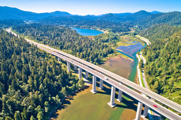 Obraz premium Viaduct Bajer above Bajer lake aerial view