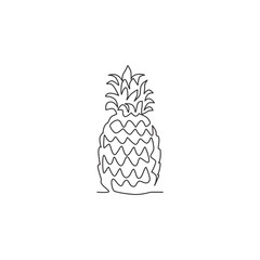 One continuous line drawing whole healthy organic pineapple for orchard logo identity. Fresh summer fruitage concept for fruit garden icon. Modern single line draw design graphic vector illustration
