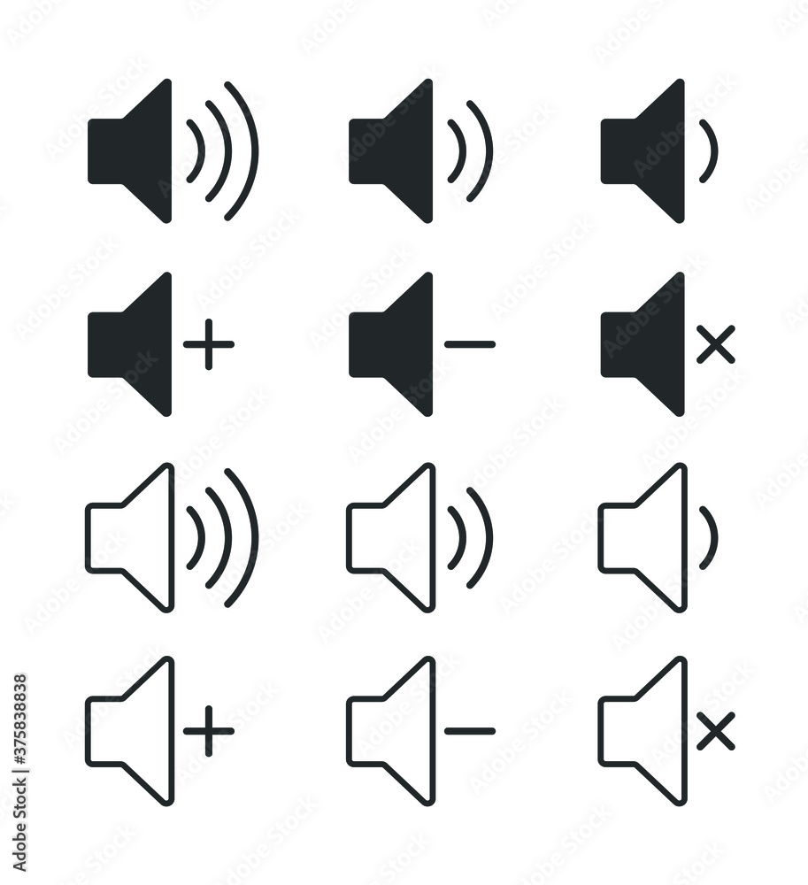 Poster speaker audio icon collection. volume voice control on off mute symbol set. flat application interfa
