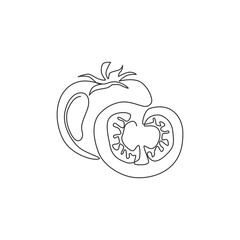 One continuous line drawing slice healthy organic tomatoes for farming logo identity. Fresh tropical vegetable concept for vegir garden icon. Modern single line draw graphic design vector illustration