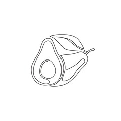 One continuous line drawing of whole healthy organic avocado fruit for orchard logo identity. Fresh tropical fruitage concept for fruit garden icon. Modern single line draw design vector illustration