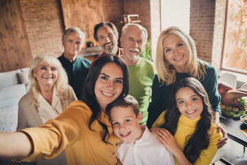 Closeup portrait photo of full big family gathering eight people make selfie cuddle embrace wait...