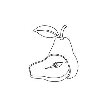 One Continuous Line Drawing Of Sliced And Whole Healthy Pear Organic For Orchard Logo Identity. Fresh Summer Fruitage Concept For Fruit Garden Icon. Modern Single Line Draw Design Vector Illustration