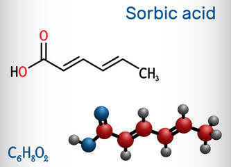 Sorbic acid, 2,4-hexadienoic acid, E200 molecule. It is hexadienoic and polyunsaturated fatty acid. It is conjugate acid of sorbate. Structural chemical formula and molecule model
