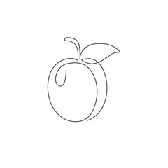 One continuous line drawing of whole healthy organic apricot for orchard logo identity. Fresh fruitage concept for fruit garden icon. Modern single line draw design graphic vector illustration