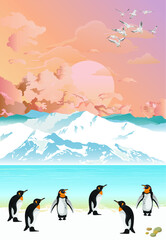Picturesque Antarctic landscape with ocean and mountains with penguins in foreground set against a dawn or dusk pink sky