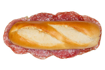 Baguette sub sandwich with salami ham from above isolated on white