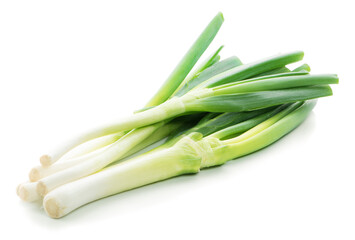 Spring onions on white background