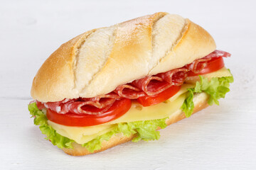 Sandwich with salami ham and cheese fresh on wooden board