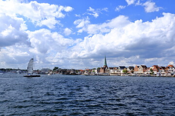 Naklejka premium August 22 2020 - Travemuende/Germany: Famous Baltic Sea marina with a lot of berths and a lot of sailing boats in the water against blue sky