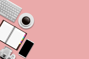 Top View of Home Office Desk,Blank Screen Smart Phone on pink background