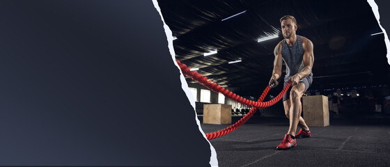 Young muscular caucasian athlete training in gym, doing strength exercises, practicing, work on his upper and lower body. Fitness, wellness, healthy lifestyle concept. Collage, flyer with copyspace.