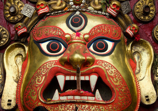 Close up of Statue of Bhairav, Kathmandu Durbar Square, Nepal.