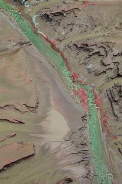 Aerial shot oxidised old mining iron minerals in water Rio Tinto