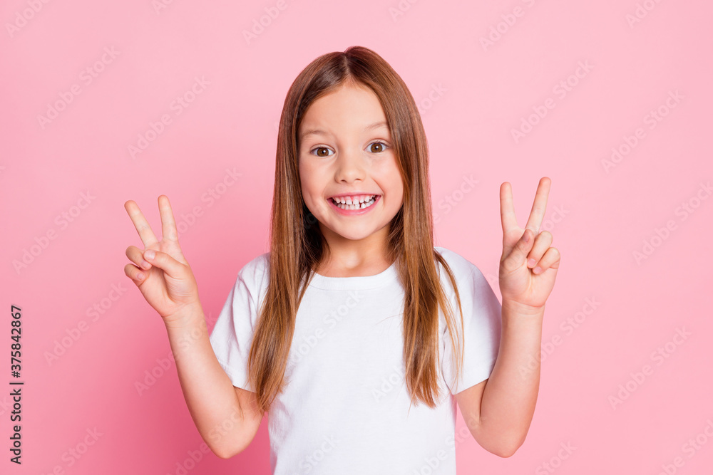 Wall mural Close-up portrait of her she nice attractive glad red foxy ginger cheerful cheery girl showing double v-sign good mood isolated over pink pastel color background