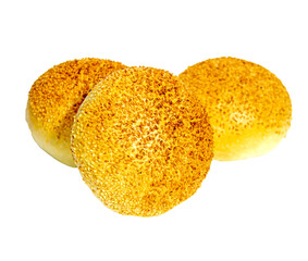 Sesame buns close-up. Isolate on white. Freshly baked buns
