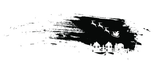 vector illustration of Santa Claus flying in his sleigh with reindeers over the night town